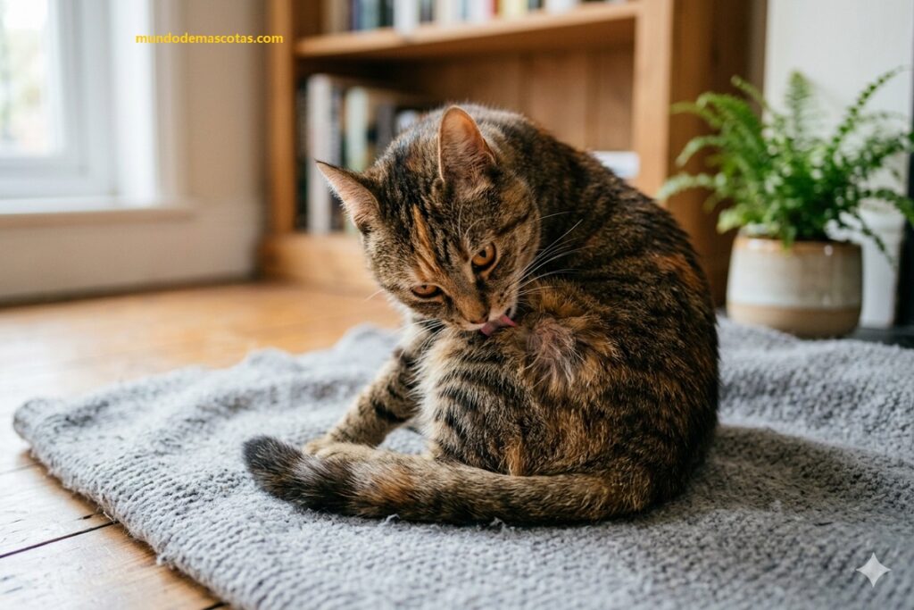 mi gato se muerde y se arranca el pelo cuando estoy en casa además esta sentado en el piso lamiéndose.