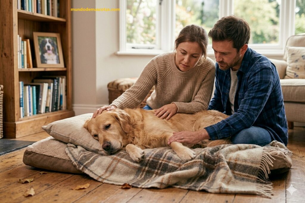Mi perro con cáncer respira por la boca y jadea acostado en su cama junto a sus 2 dueños cuidandolo