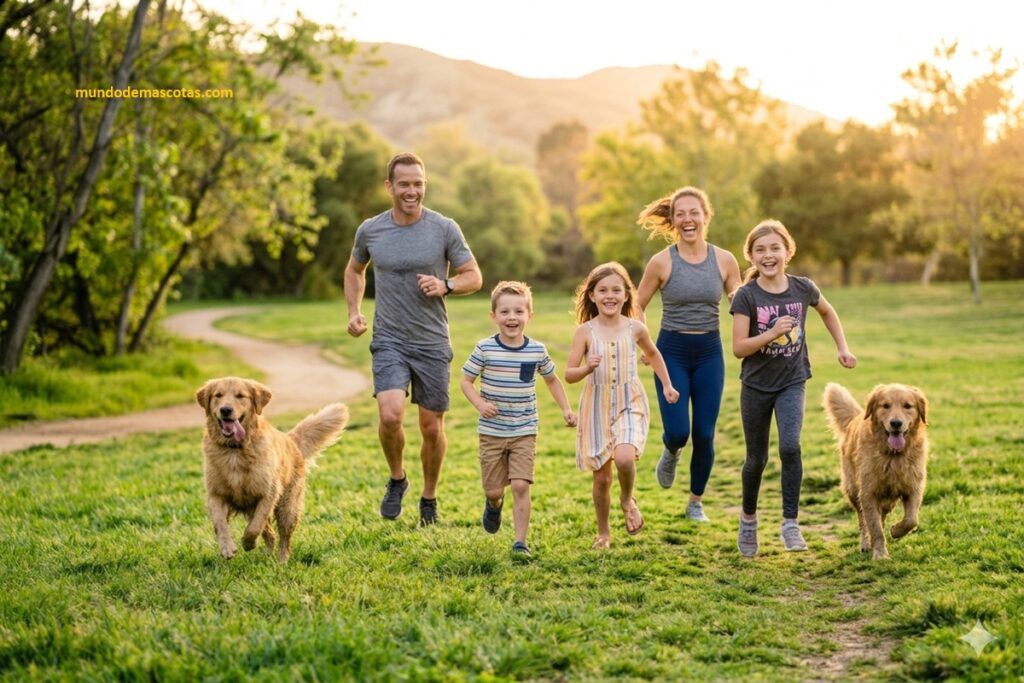 mi perro corre como loco por toda la casa y camina en el parque junto a sus amos y niños después de correr