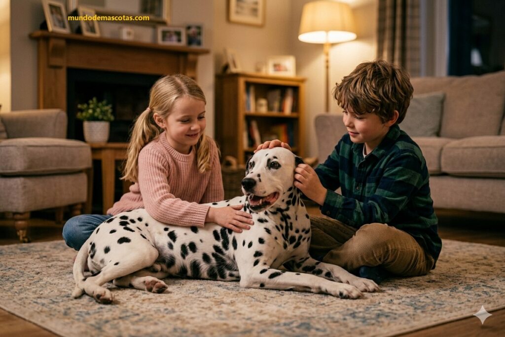 Mi perro hace caca negra y blanda y es cuidado con 2 niños en la sala y es un dálmata hermoso y esta acostado.