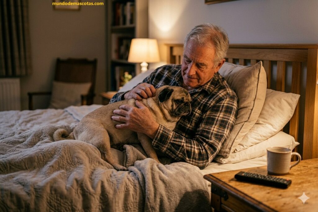 dueño cuidando a su pug en su cama se pregunta por qué mi perro hace caca negra y vomita todos los dias.