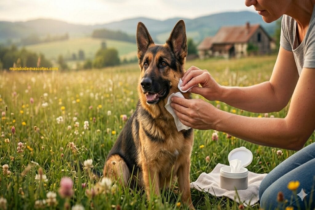 Mi perro huele mal aunque lo bañe y es un pastor Alemán enorme y hermoso que es limpiado con paños humedos