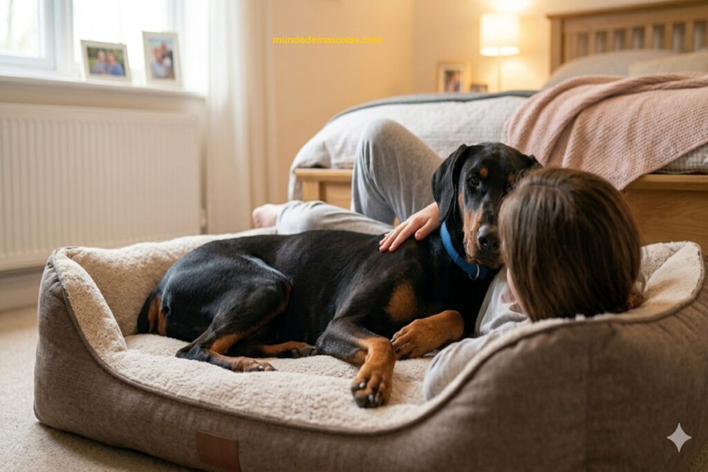 Mi perro no se puede levantar tras caerse y es un doberman que esta con la dueña en la cama porque se siente mal