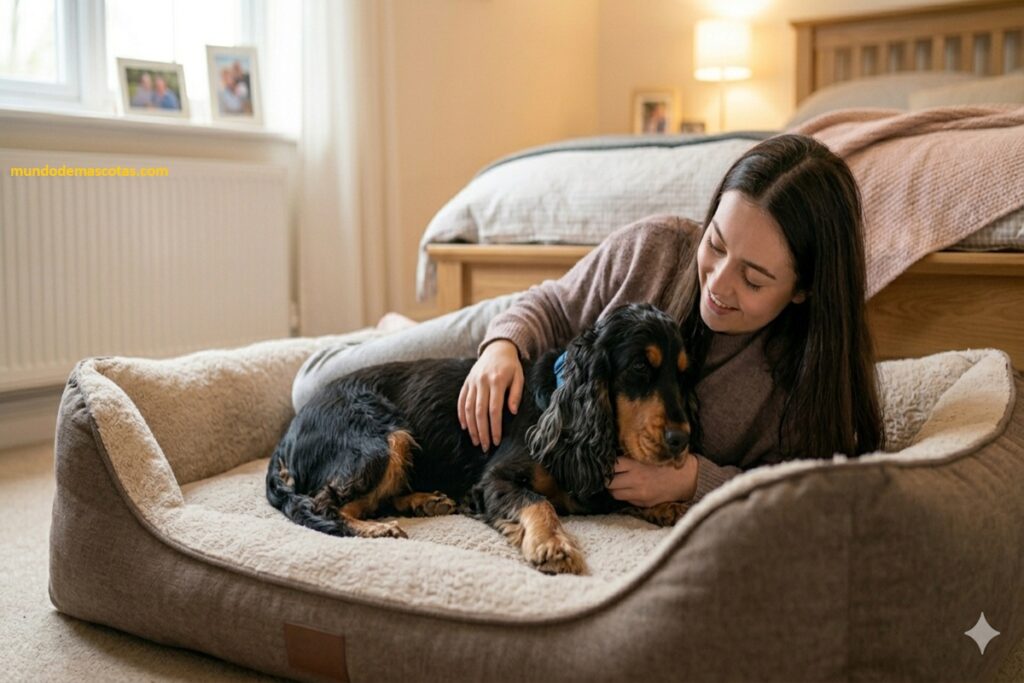 Mi perro respira agitado tras un golpe y es un cooker spanish color negro con su dueña acostados en su cama