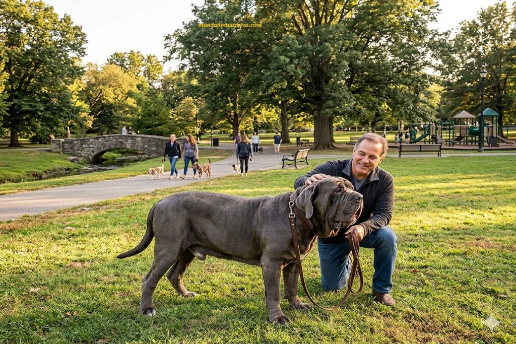 Mi perro se tira gases muy olorosos y es un Mastín napolitano en el parque con su dueño que lo trata con amor
