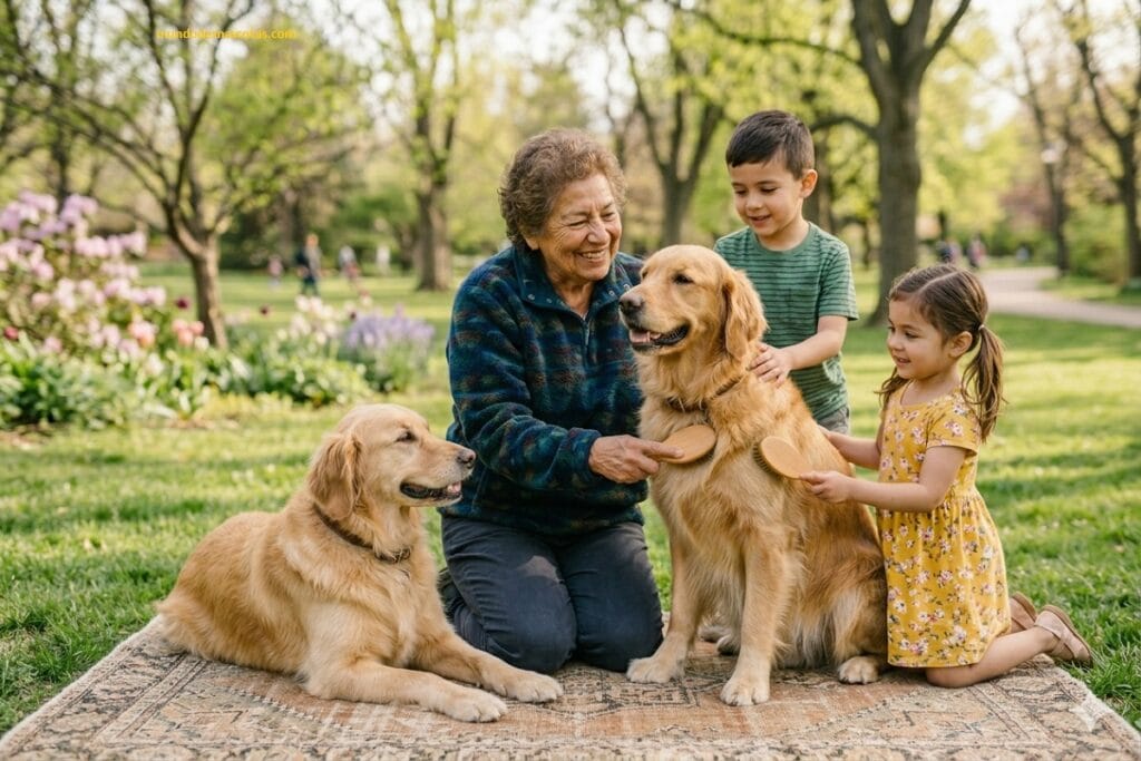 mi perro tiene el pelo áspero y sin brillo y niños lo cuidan y acarician en el parque con peines para perros
