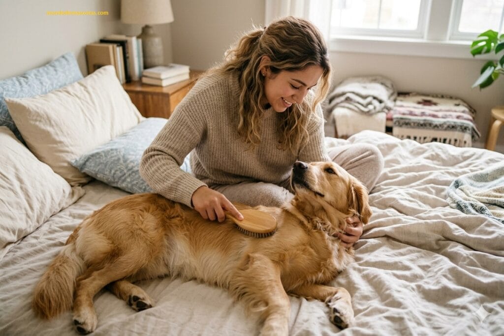 mi perro tiene nudos de pelo muy pegados a la piel y la dueña lo peina con cuidado y amor en la cama
