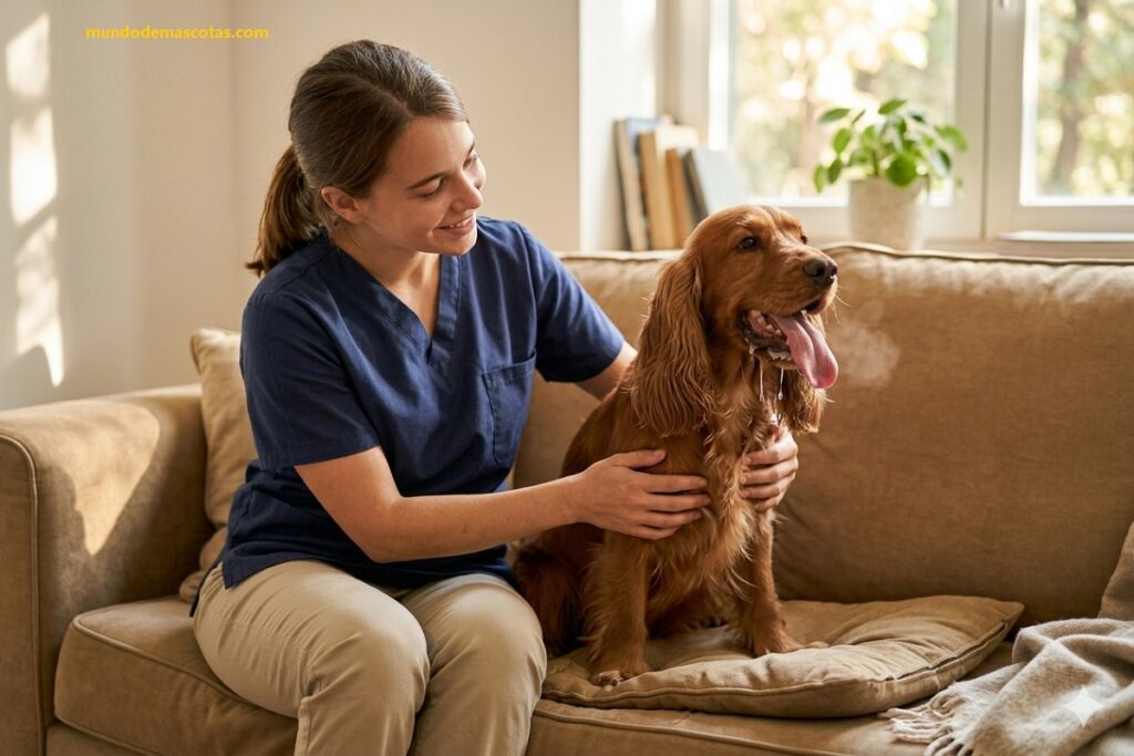 Mi perro tiene tos y respira muy rápido y es un cookers hermoso y marrón caramelo en el sofá con la dueña que lo ama
