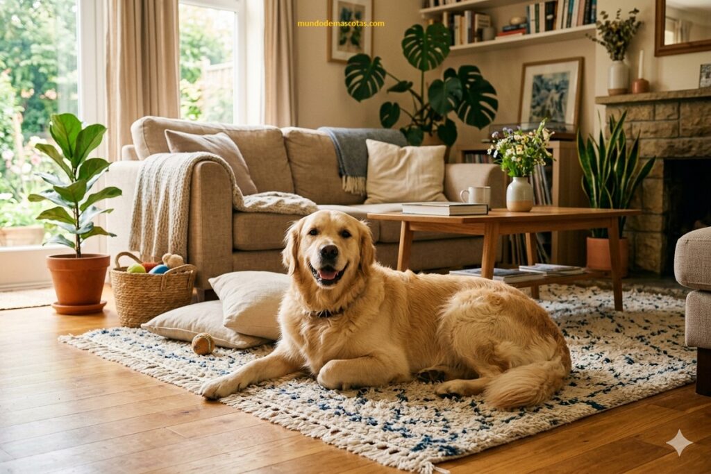 Parásitos intestinales y gases en perros golden retriever que esta echado en la sala y es hermoso