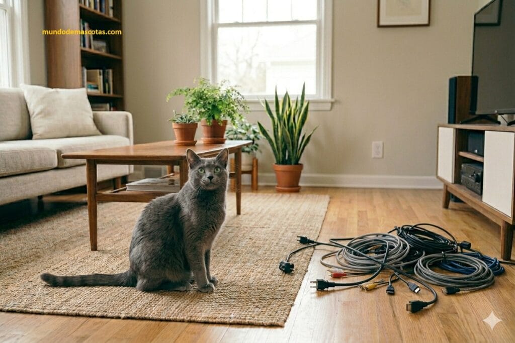 Peligros de que un gato muerda un cable enchufado ya que son traviesos y juegan siempre por naturaleza