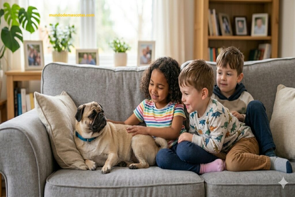 Perro en estado de shock por accidente y es un pug color crema en el sofá con 2 niños pequeños