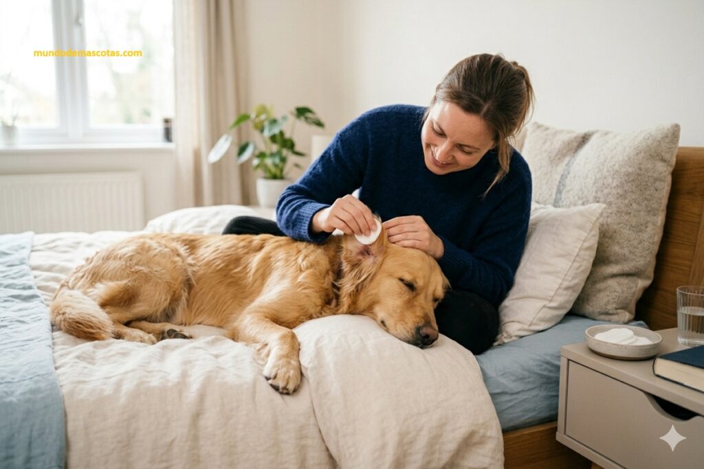 por qué a mi perro le huelen mal las orejas y la dueña le limpia con cariño echado en la cama