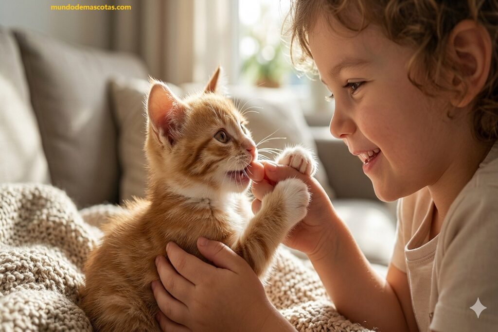 por qué los gatitos muerden a sus dueños estando en el sillón y es un gato amarillo hermoso con su dueña pequeña
