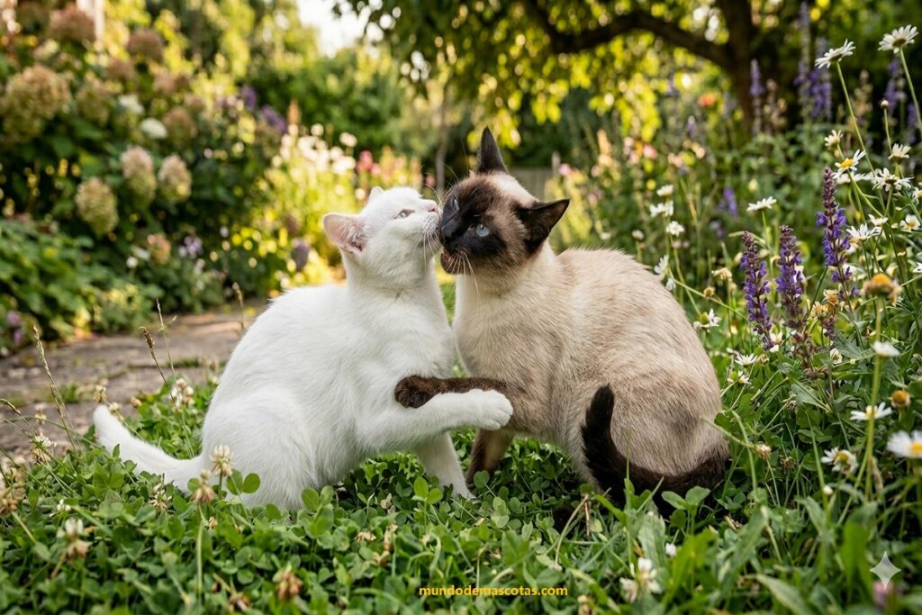por qué los gatos muerden a otros gatos siendo un siamés y un gato blanco hermoso dentro de las plantas.