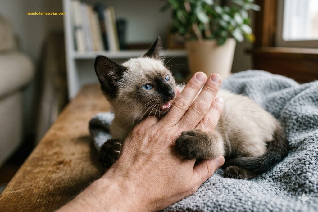 por qué mi gatito me muerde las manos y es un siames pequeño con su dueño jugando en la mesa