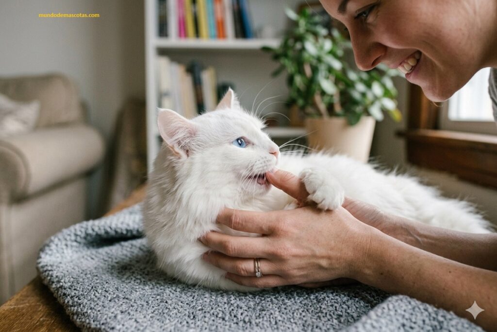 Por qué mi gatito me muerde y me lame las manos después y es un felino cachorro y de color blanco con ojos celestes