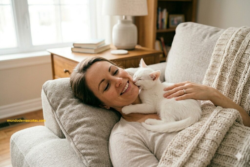 Por qué mi gato bebé me muerde la cara cuando duermo y es color blanco  hermoso acostado en el sofá con su dueña