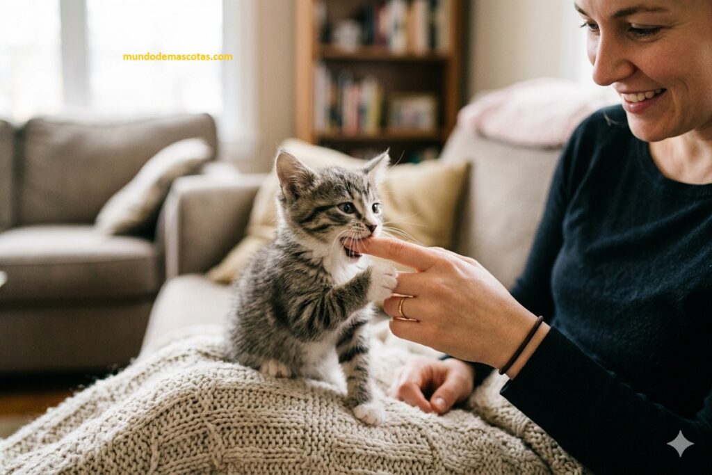 Por qué mi gato bebé muerde todo lo que encuentra y es un felino pequeño junto a su dueña mordiéndola con amor