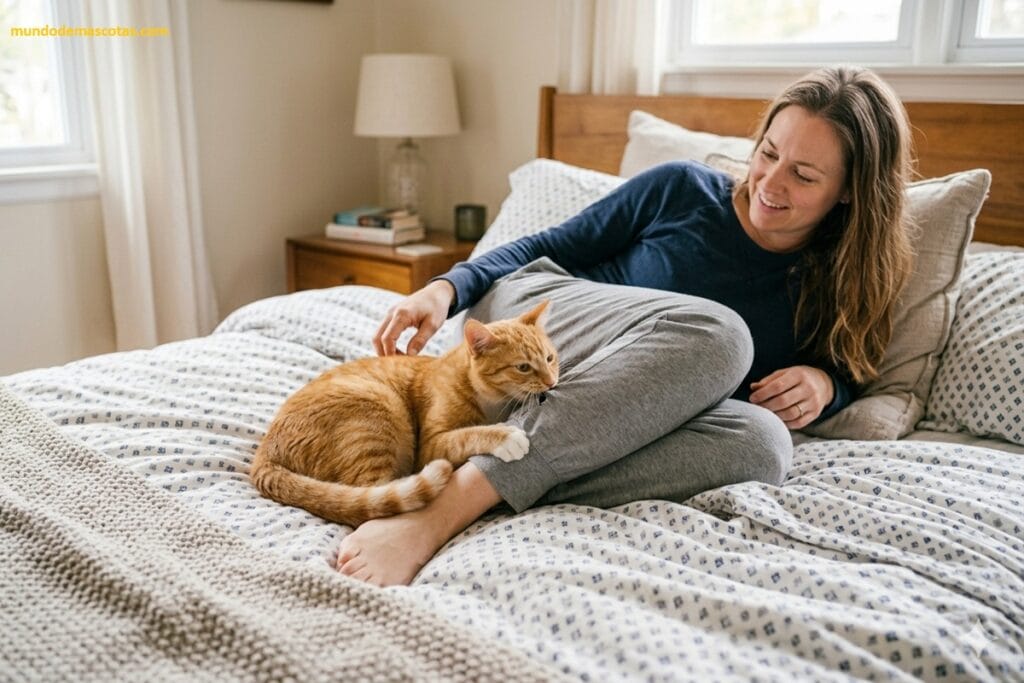 por qué mi gato chupa la ropa y ronronea es un felino amarillo con blanco echado en la cama con la dueña