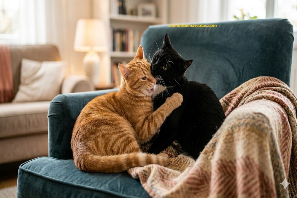 Por qué mi gato dominante muerde la nuca del otro gato cuando estan en el sillón jugando los felinos amarillo y negro.