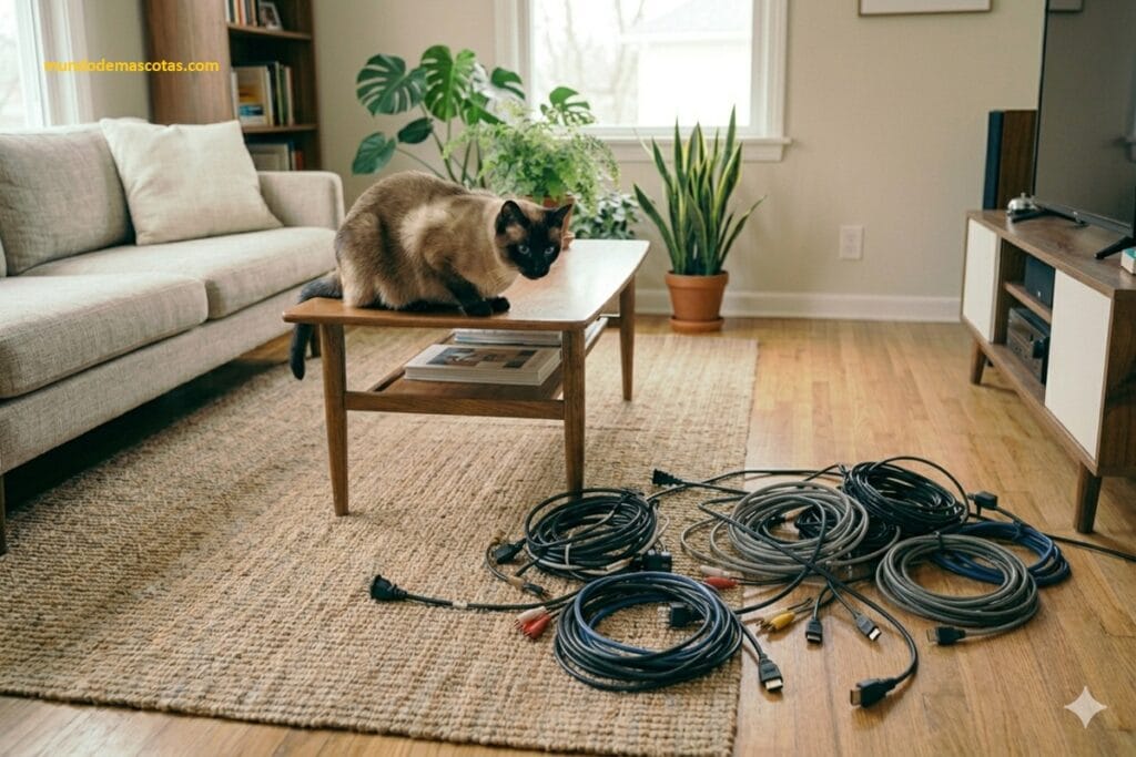 Por qué mi gato muerde los cables de la computadora al jugar y es un felino siames hermoso mirando los cables 