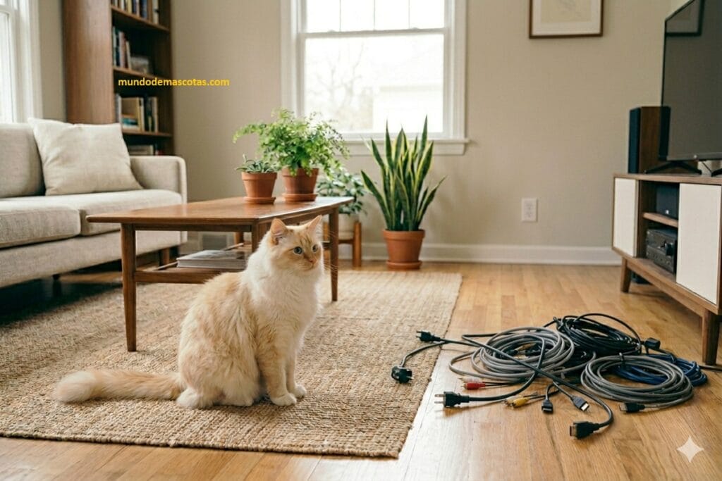 Por qué mi gato muerde los cables del cargador del móvil y es un felino amarillo con blanco observando 