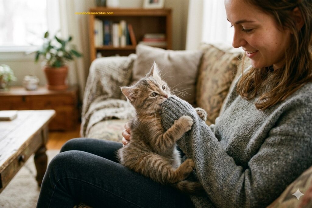 por qué mi gato muerde mi ropa y esta sentado con la dueña en el sofá de la sala mordiendo la chompa de la dueña 