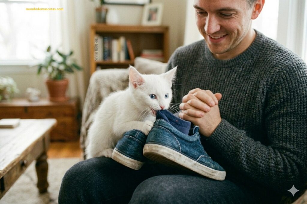 Por qué mi gato muerde mi ropa y me mira fijo ademas mi felino blanco muerde mis zapatillas nuevas