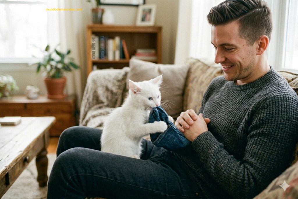 Por qué mi gato muerde mi ropa y se la lleva a otro lado y es de color blanco y pequeño y esta sentado con su amo