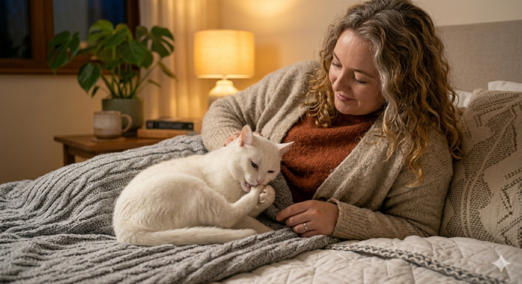 Por qué mi gato se arranca las fundas de las uñas y es color blanco hermoso en la cama con la dueña
