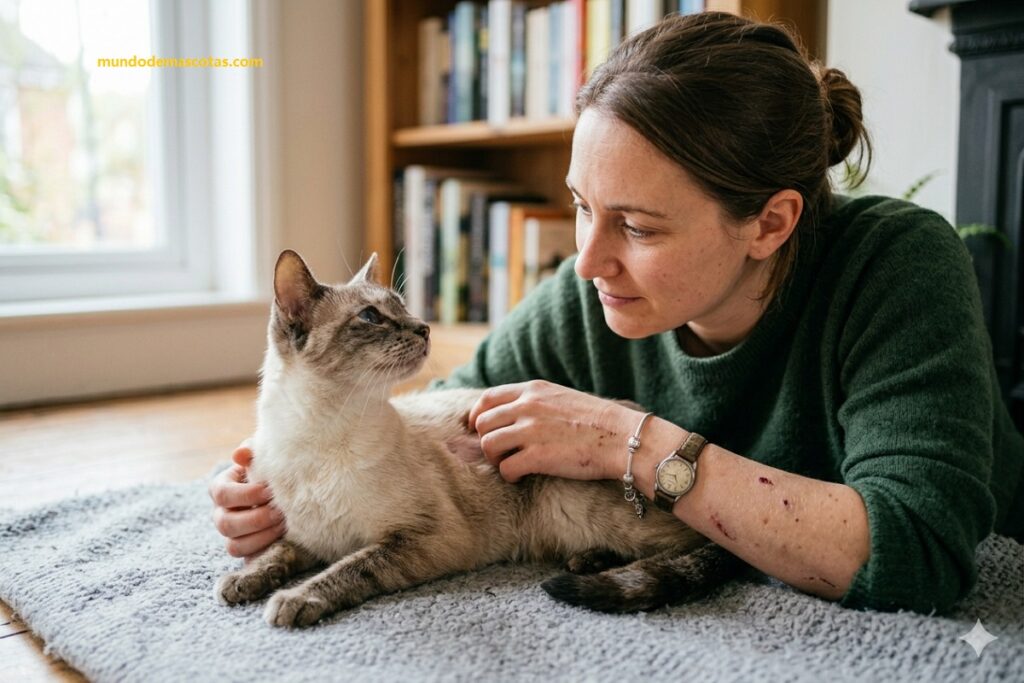 Por qué mi gato se muerde la base de la cola y se quita pelo y es un siamés acompañado de su dueña preocupada.