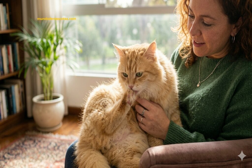 Por qué mi gato se quita las capas muertas de las uñas y es un felino amarillo junto a su dueña que lo protege