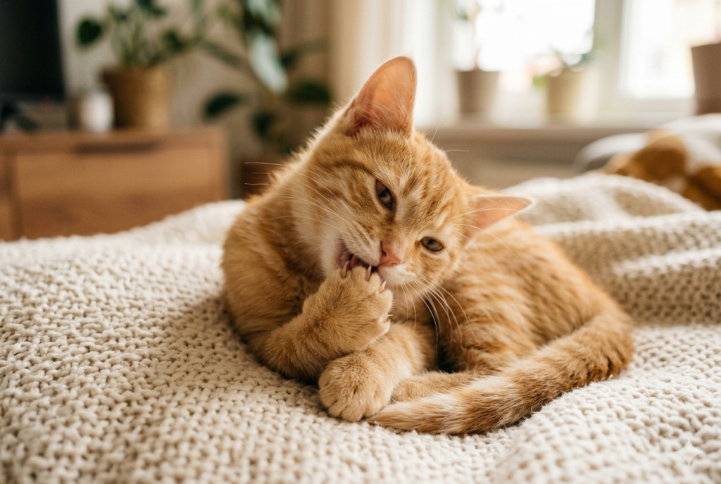 Por qué mi gato se quita las capas muertas de las uñas y es un felino amarillo hermoso echado en la cama