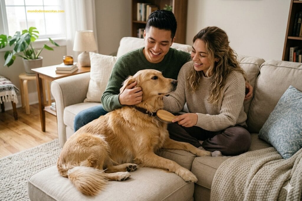 por qué mi golden retriever huele mal después de bañarlo y luego los dueños lo peinan con cariño en el sofá
