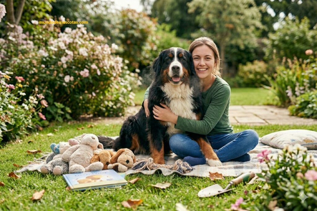 Por que mi perro respira fuerte por la nariz y es un boyero de berna grande y hermoso con su dueña en el patio de la casa