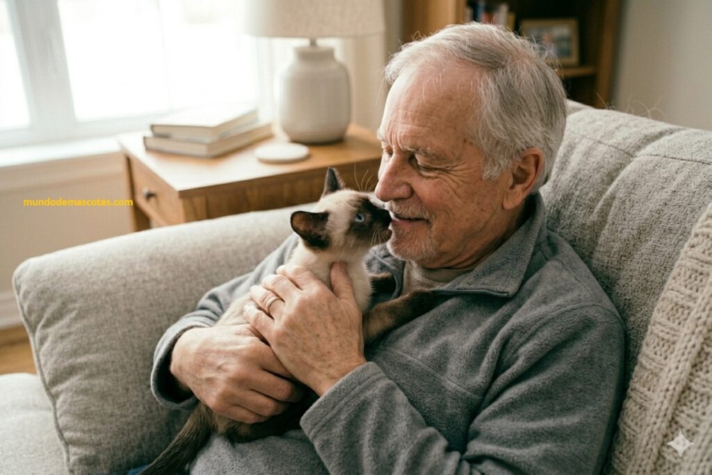 por qué muerden los gatos bebes y es un siames bello con su dueño adulto mayor en el sofá mordiéndole la barbilla con ternura