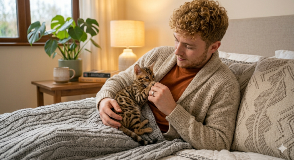 por qué se muerden las uñas los gatos cuando están en la cama con su dueño y lo cuida con amor
