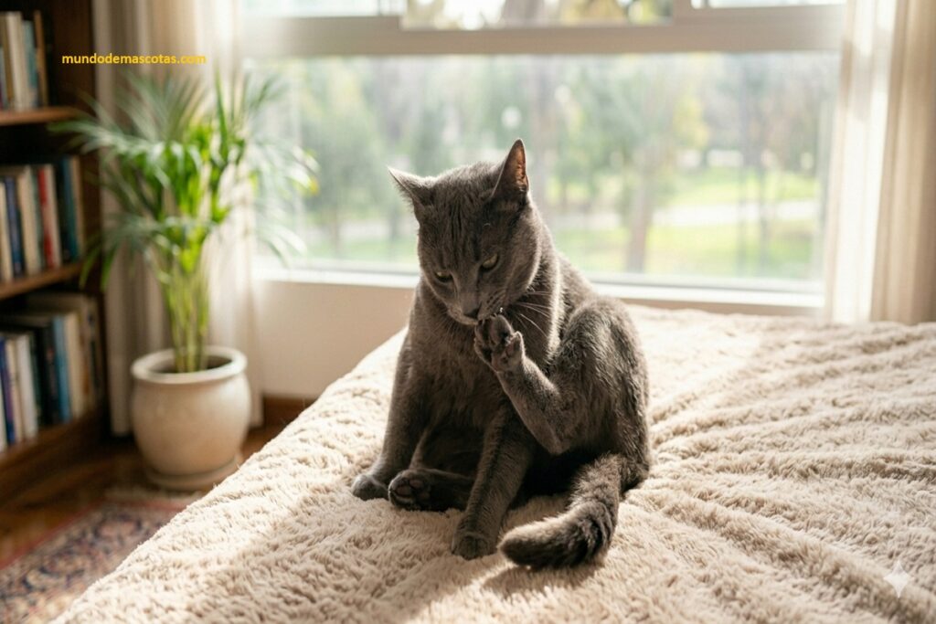 por qué se muerden las uñas los gatos plomos como este que esta sentado en la cama mordiéndose y jugando