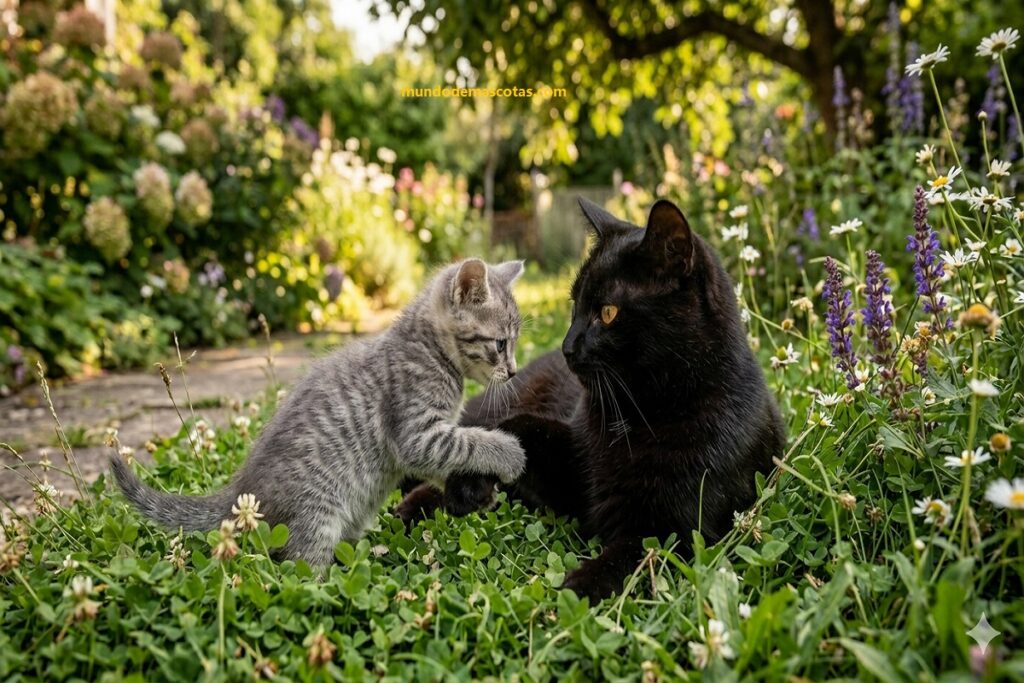 Qué hacer si mi gato ataca a otro gato de la nada porque es un felino negro y el otro gatito plomo mordiéndose en el pasto.