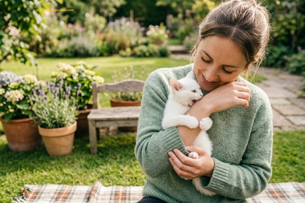 Qué hacer si mi gato cachorro me muerde los pies al caminar o las manos con este felino blanco hermoso
