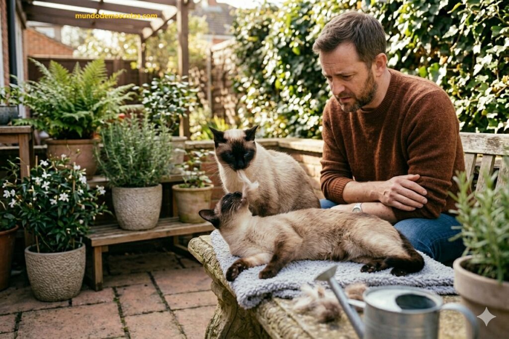 Remedios para que mi gato deje de arrancarse el pelaje es lo que busca el dueño de 2 siameses en el patio de su casa.