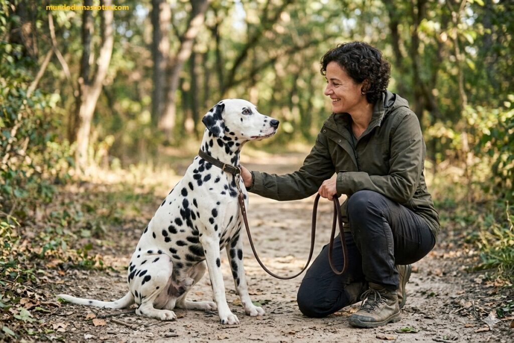 Soplo en el corazón y tos en perros dálmata ya que su dueña lo cuida con amor y lo acaricia en la parque