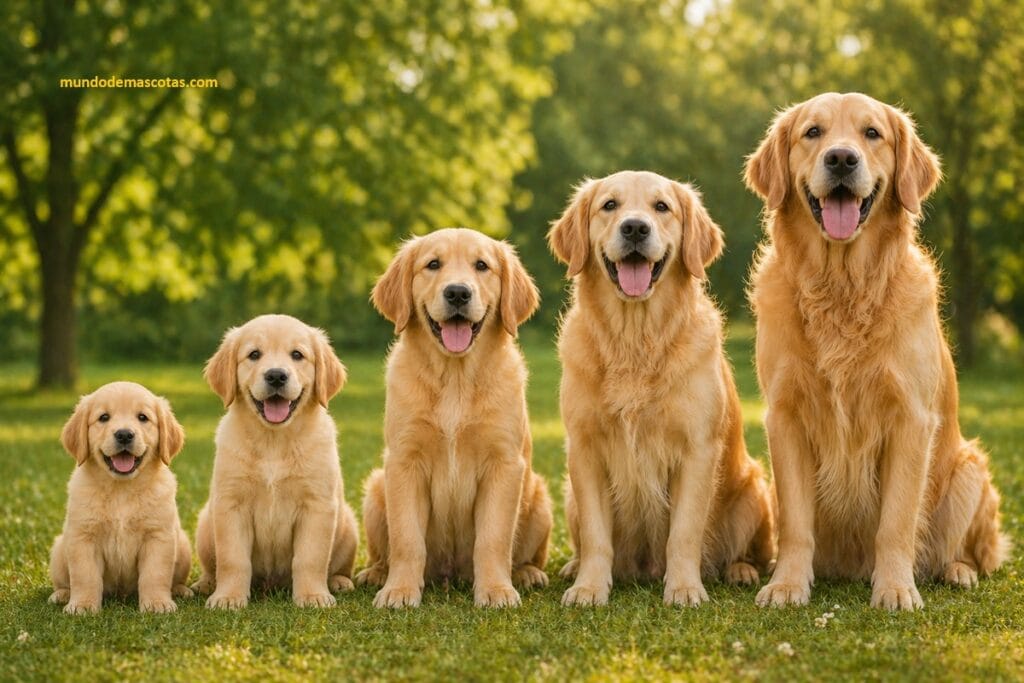 tabla de peso golden retriever por mes con tamaños de los canes de acuerdo al tiempo de vida sentados en el cesped
