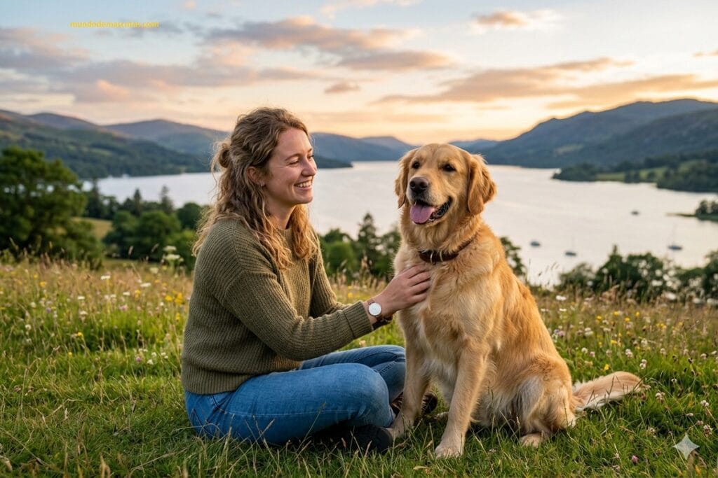 temperamento de la raza golden retriever que esta sentado con su dueña en el césped y lo trata con amor