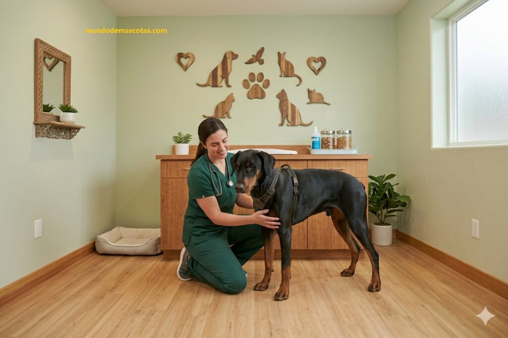 veterinaria buscando tratamiento para heces negras en perros doberman grandes y preciosos.