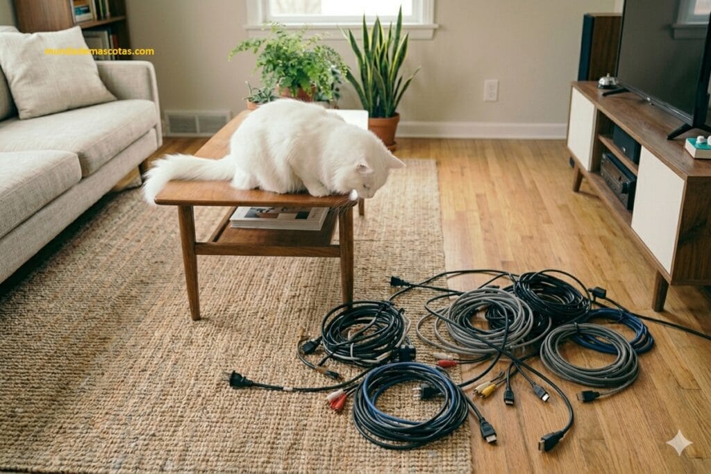 Trucos para que el gato deje de morder los cables de la televisión y es un felino de color blanco sentado en la mesa