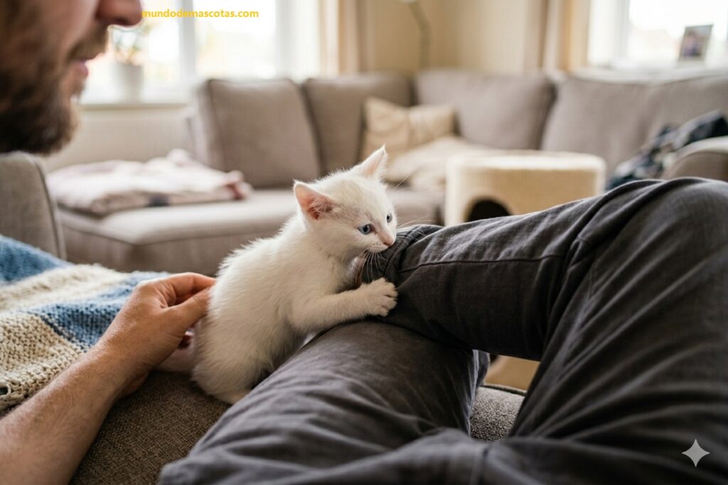 Trucos para que un gatito deje de morder por juego las manos además es un felino blanco junto a su dueño