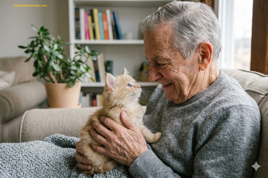 Trucos para que un gatito deje de ver mis manos como presas y es un felino pequeño de color amarillo junto a su amo