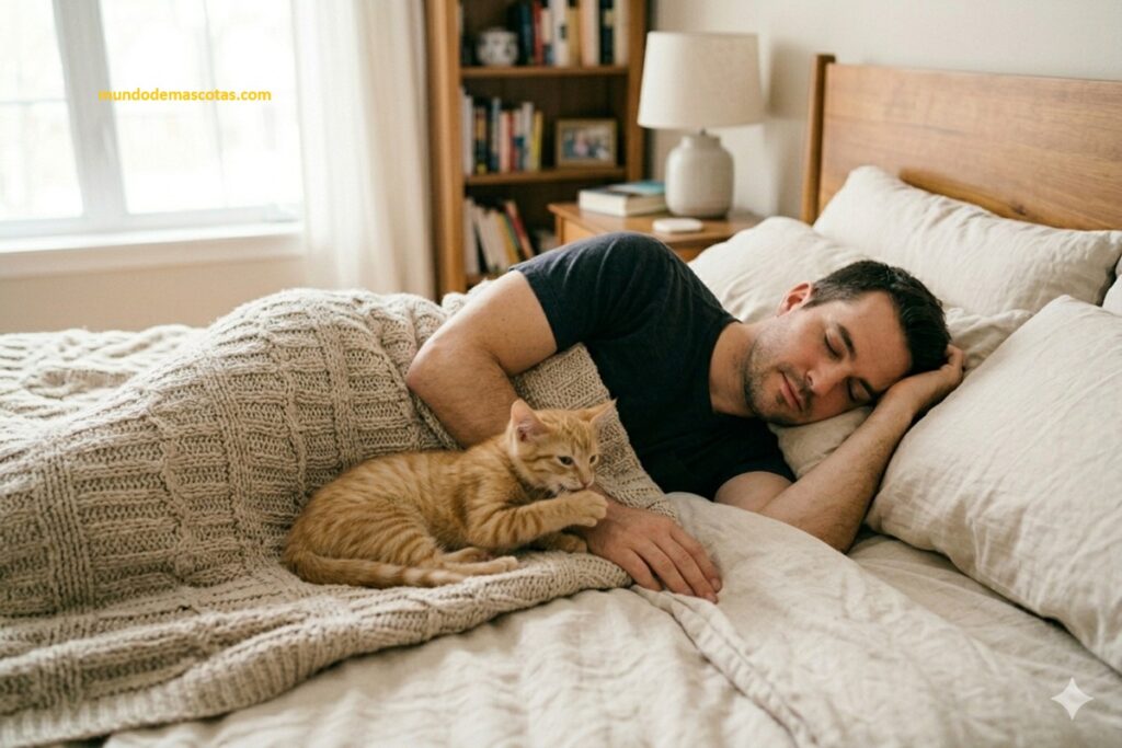Trucos para que un gato bebé deje de morder por juego como este felino amarillo acostado en la cama junto a su dueño