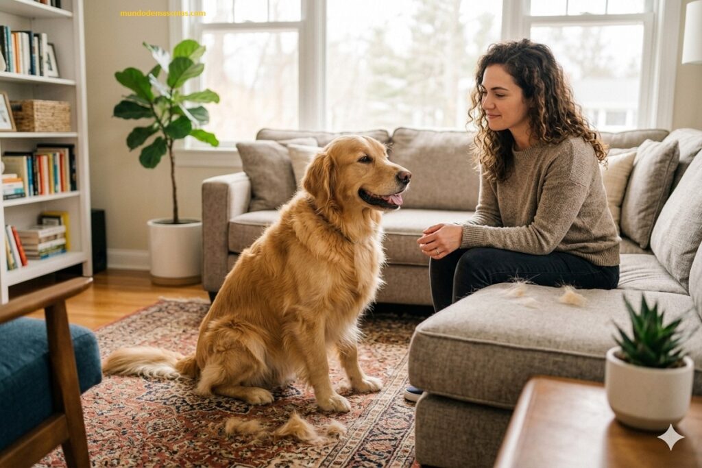 alimentos para mejorar el pelaje del perro golden retriever que esta sentado en la sala perdiendo pelo
